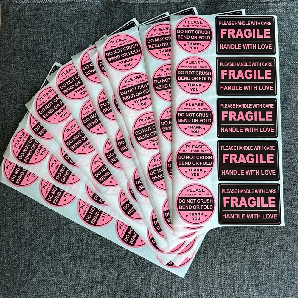 Count of 100 - Fun, Neon Pink + Black Rectangular + Circular FRAGILE Stickers